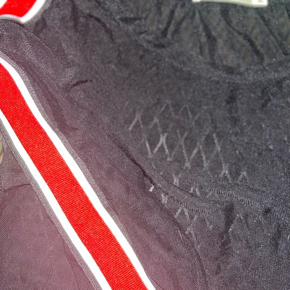 NWOT sheer mesh black cropped long sleeve w/ red and white stripe sleeve - Picture 4 of 5